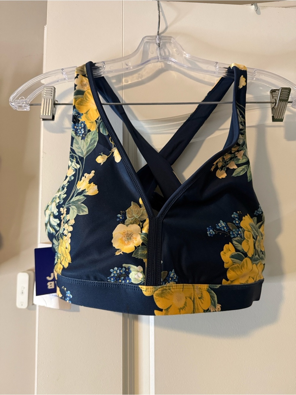 JoyLab Navy Floral Front-Zip Sports Bra with Yellow Flowers